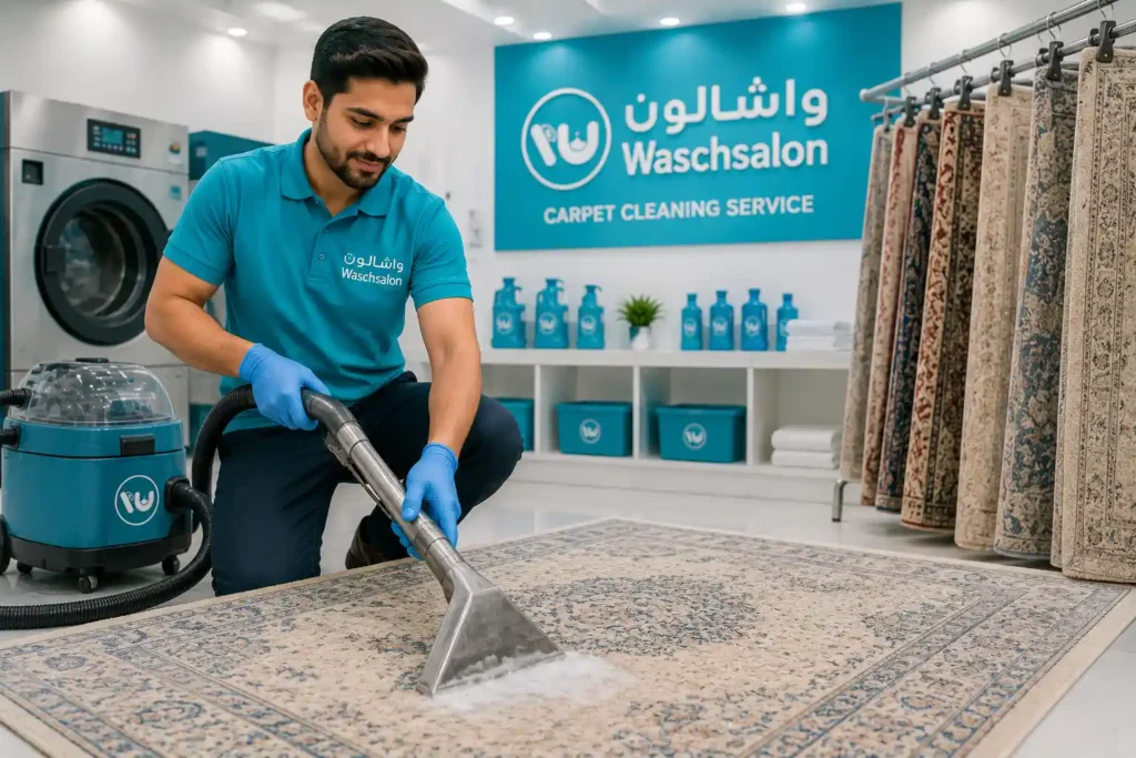 Laundry professional deep cleaning a carpet using advanced extraction equipment at Waschsalon Laundry in Abu Dhabi.