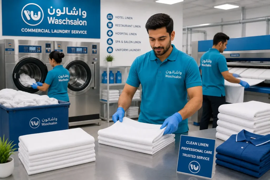 Waschsalon Laundry team processing hotel linens and commercial laundry items in a modern industrial laundry facility in Abu Dhabi.