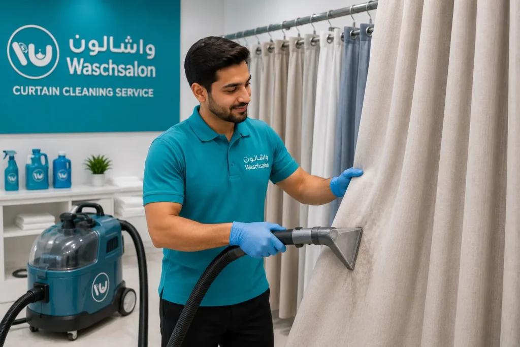 Laundry professional cleaning curtains using specialized equipment at Waschsalon Laundry's curtain cleaning facility in Abu Dhabi.