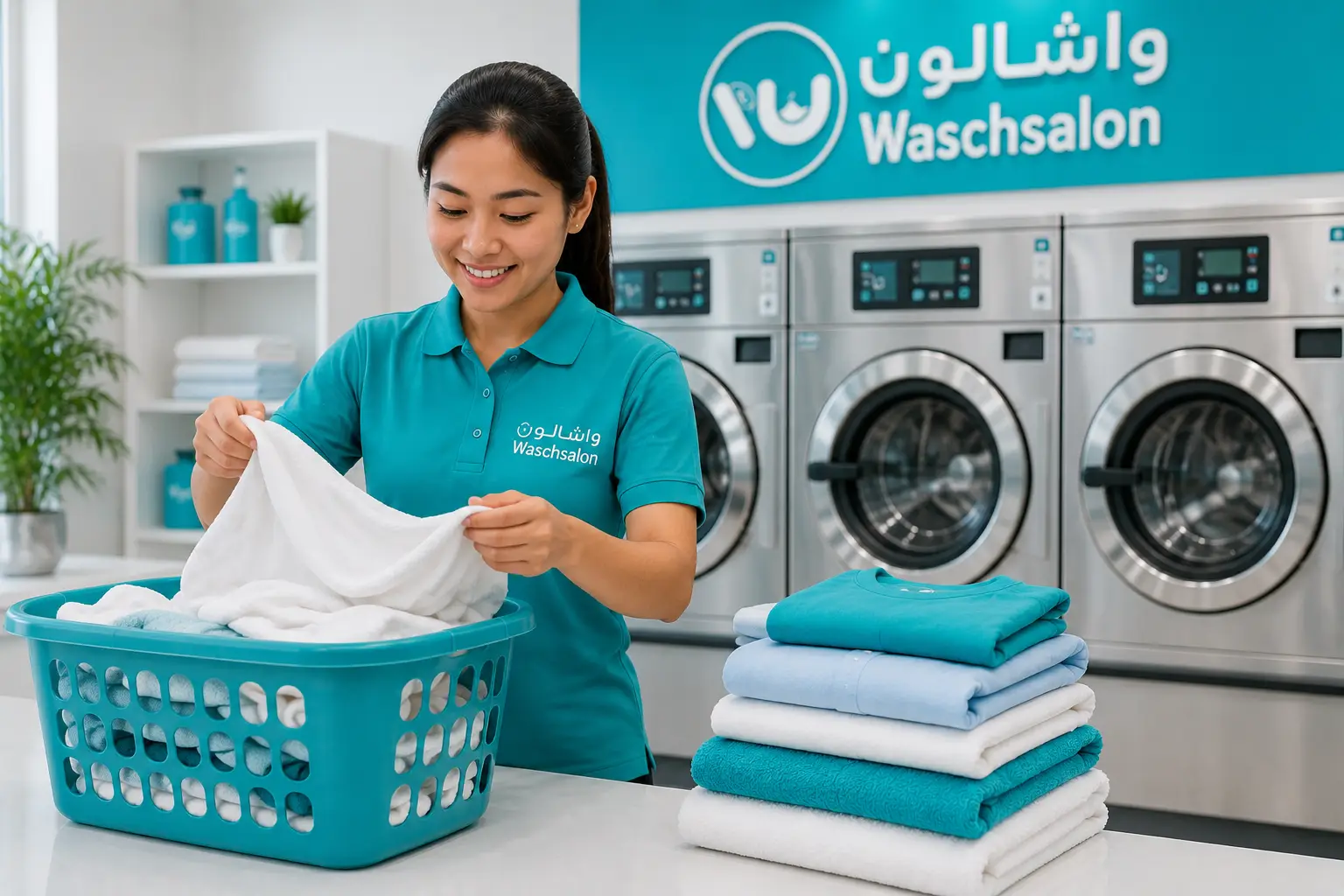 Laundry professional at Waschsalon Laundry carefully handling freshly cleaned clothes in a modern laundry facility in Abu Dhabi.