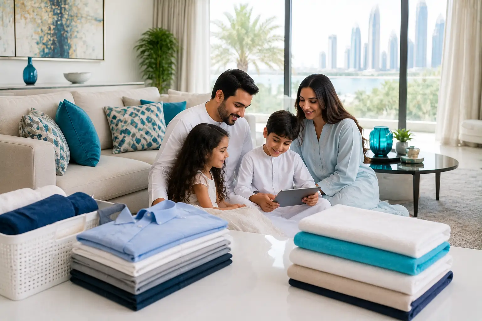 Modern Abu Dhabi family enjoying quality time together at home with freshly washed and neatly folded clothes prepared by Waschsalon Laundry.