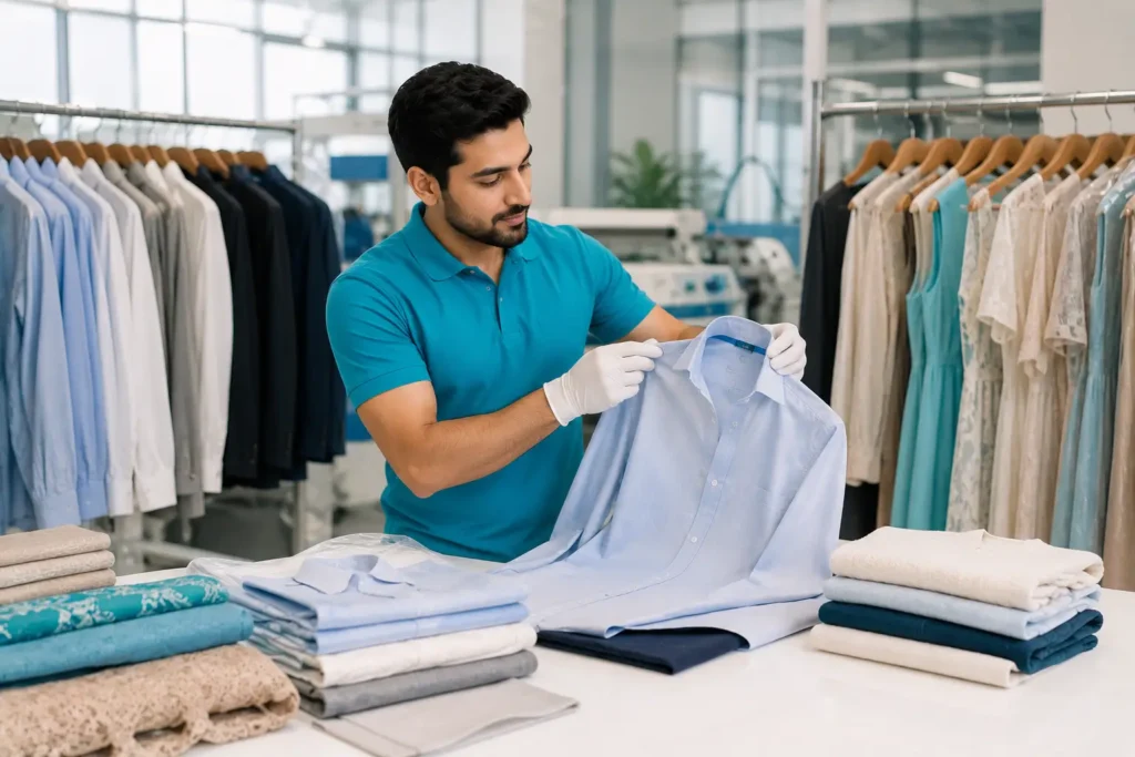 Waschsalon Laundry garment care specialist inspecting freshly cleaned premium clothing to ensure proper fabric care and garment longevity.
