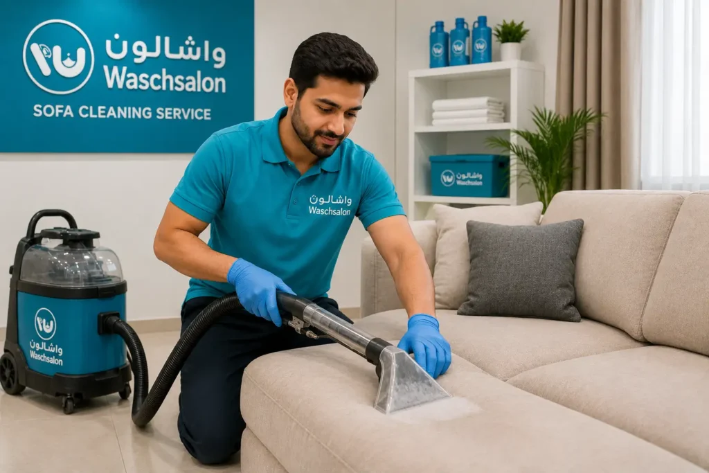 Laundry professional deep cleaning a fabric sofa using advanced upholstery cleaning equipment at Waschsalon Laundry in Abu Dhabi.