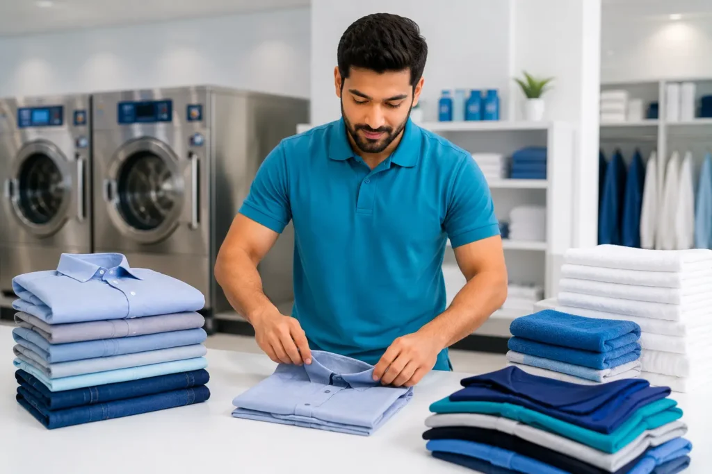 Laundry professional neatly folding freshly washed clothes on a clean folding table inside Waschsalon Laundry in Abu Dhabi.
