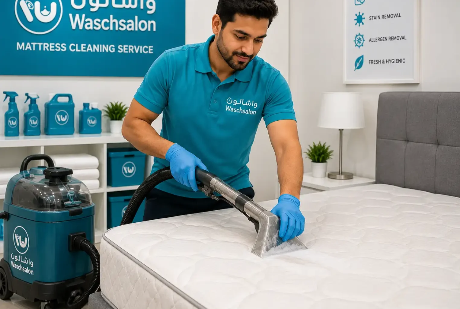 Laundry professional deep cleaning a mattress using advanced extraction equipment at Waschsalon Laundry in Abu Dhabi.